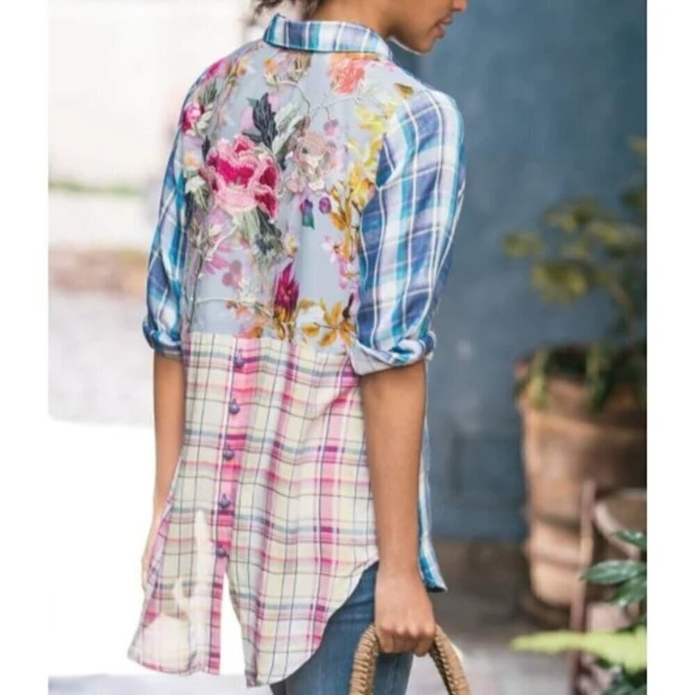 Soft Surroundings Serena Contrast Plaid Embroidered Shirt